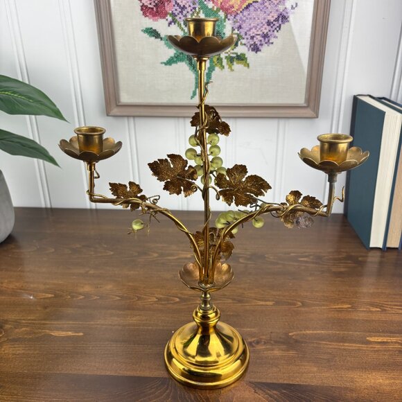 Vintage Brass Grapevine Candelabra Hollywood Regency 3 Taper Candle Holder - Picture 3 of 13